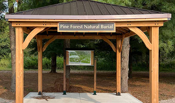 The Pavillion at the Pine Forest Natural Burial area, arriving in Spring 2026.